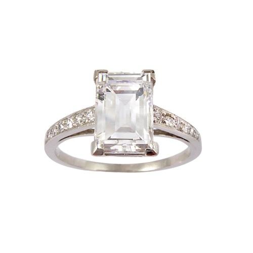 Art Deco single stone rectangular cut diamond ring by Caldwell, American c.1925, claw set with a 2.09ct D IF step cut stone,